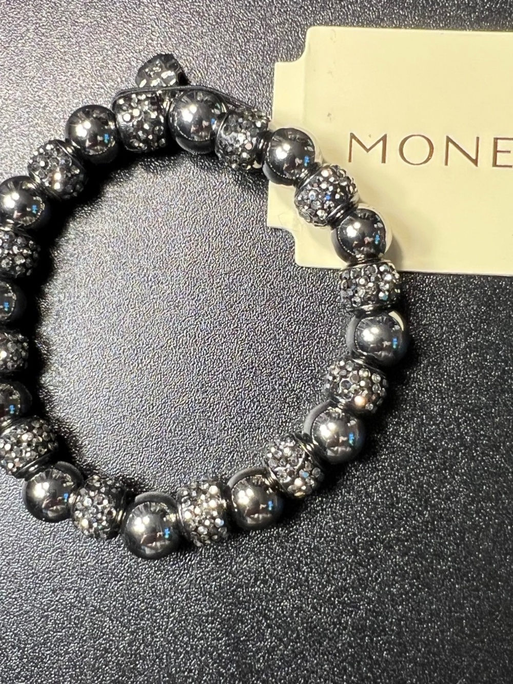 Monet Gunmetal Metallic Beads & Pave Crystal Beaded Stretch Bracelet NWT